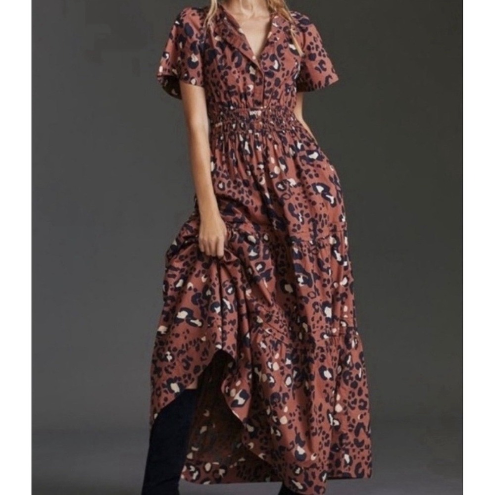 Anthropologie Maeve  Somerset Maxi Dress Women's Size Large Brown Leopard Print